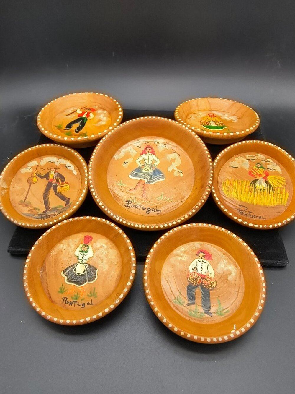 Vintage Fanobri Wooden Miniature Hand-Painted Portuguese Folk Life 7 Plate Set